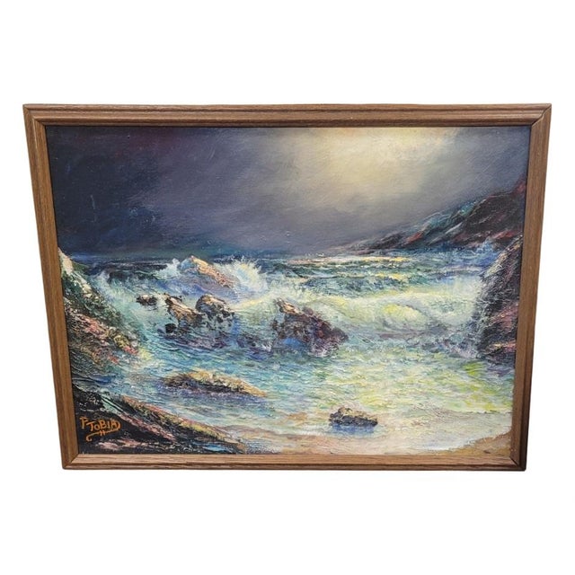 MCM Oil Painting Ocean Rocks Scene For Sale - Image 9 of 9
