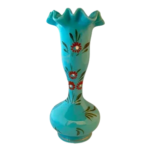 19th Century Hand-Painted "Bristol Blue" Ruffled Glass Opaline Vase