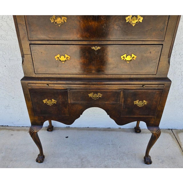 Antique Walnut Highboy Dresser Desk With Pullout Writing Surface For Sale - Image 4 of 18