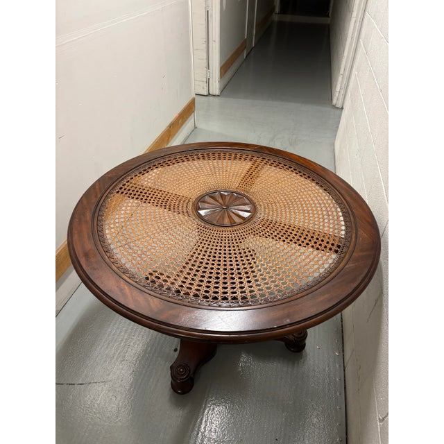 Ethan Allen Mahogany Maya Round Center Kitchen Pineapple Pedestal Table With Hand-Woven Cane Top For Sale - Image 9 of 12