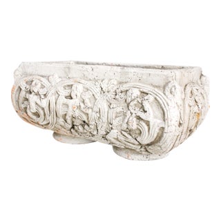 Weathered French Style Pottery Cachepot/With Raised Scrollwork For Sale