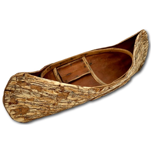 1920s Excellent Large Size Antique Hand Made Maine Indian Tree Bark Canoe Model - 22 Inches Long For Sale - Image 5 of 18