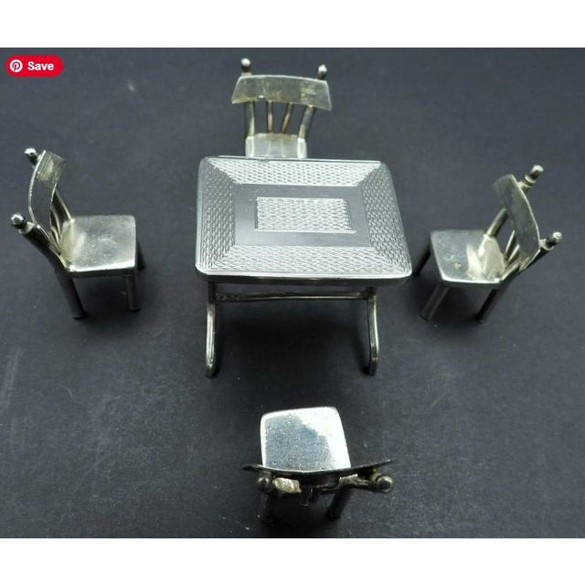 Antique 1930s Egyptian 900 Silver Miniature Table & 4 Chairs Dining Set Doll House Furniture For Sale - Image 4 of 6