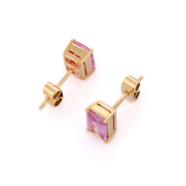 Modern 18k Yellow Gold Natural Pink Sapphire Stud Earrings - a Pair For Sale - Image 3 of 6