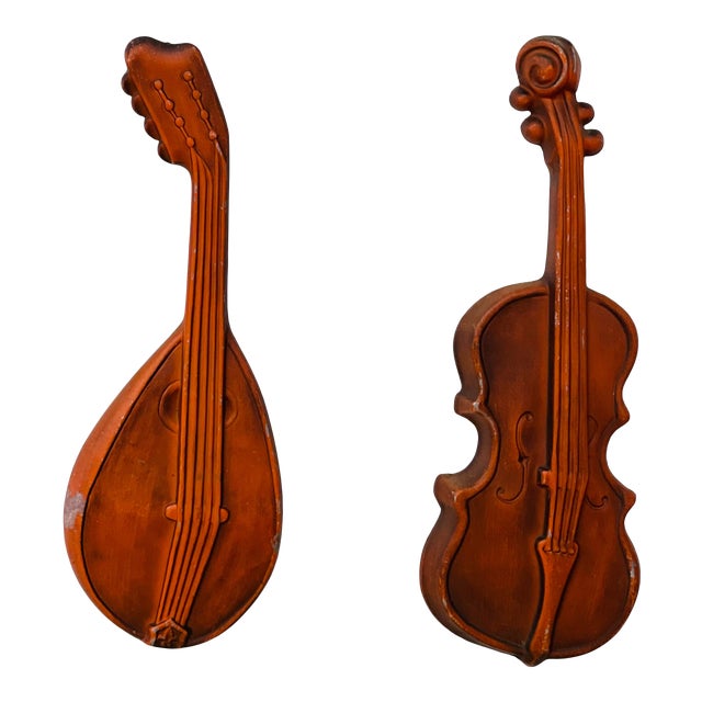 Vintage Mid-Century Modern Royal Metal Musical Instrument Wall Art- a Pair For Sale