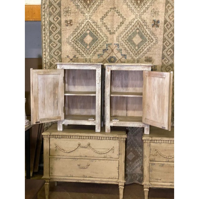 Pair Painted & Distressed Carved Cabinets with Shelf For Sale - Image 11 of 13