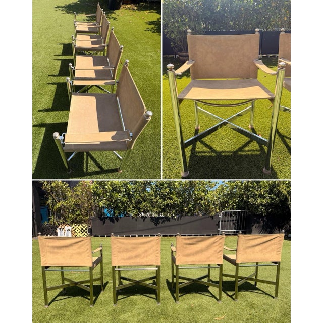 Mid-Century Modern Vintage Campaign Maison Jansen Style, Pace Chrome Table & Director Arm Chairs, Suede Leather Chrome and Brass C. 1970s For Sale - Image 3 of 12