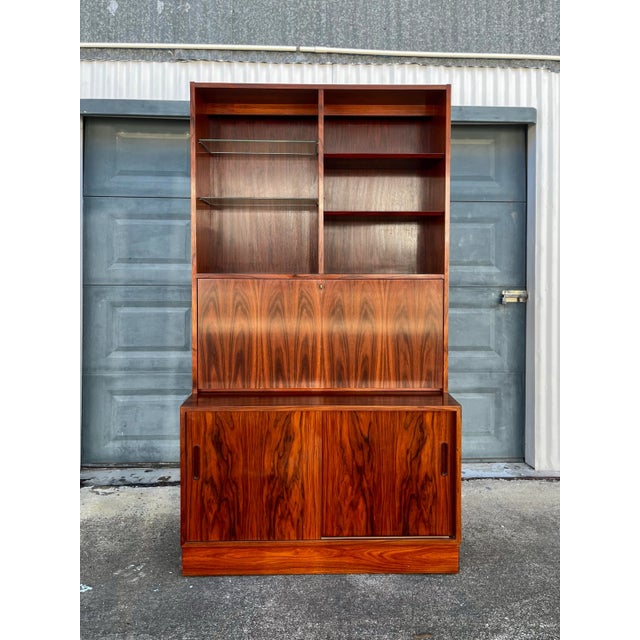 Danish Modern Lighted and Lockable Display Secretary Desk and Credenza Storage Unit by Hundevad. Key included. This is en...