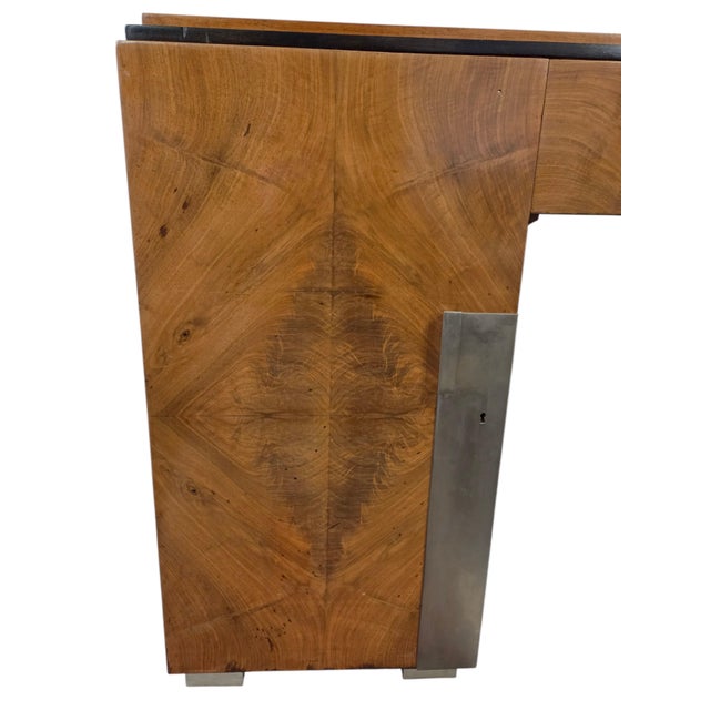 Burnt Umber 1930s Exceptional French Burl Walnut + Nickel Bronze Executive Office Desk / Writing Table/ Bureau Plat For Sale - Image 8 of 18