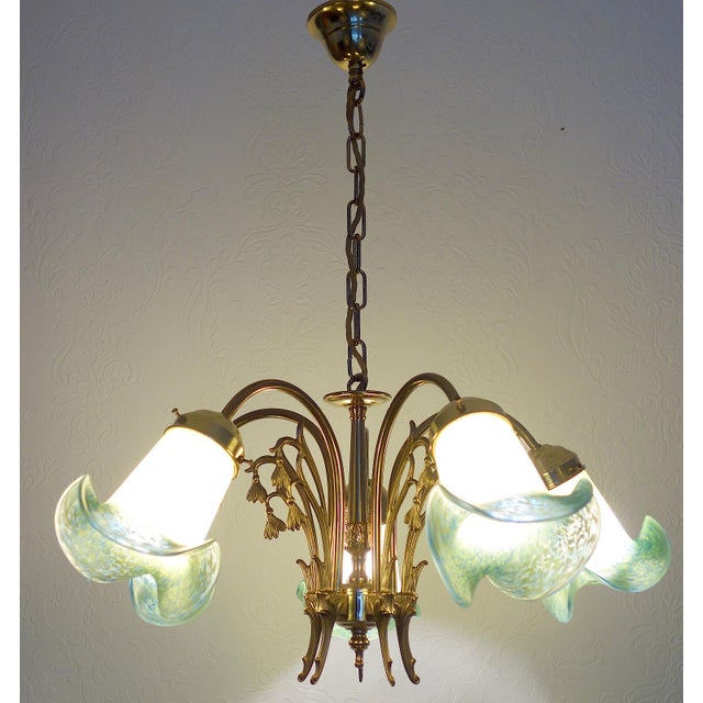 French Brass Pate De Verre Glass Five Light Chandelier, 1950s For Sale - Image 10 of 11