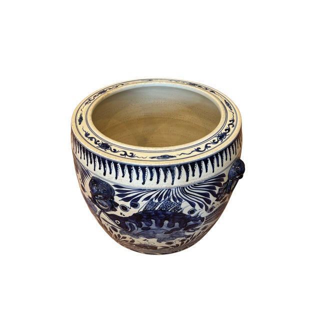 Chinoiserie Vintage Chinoiserie Planter/ Blue and White Fish Design For Sale - Image 3 of 3