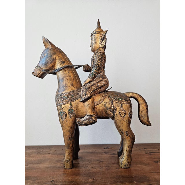 Gold Large Antique Southeast Asian Burmese Thai Jeweled Carved Giltwood Figure on Horse Statue For Sale - Image 8 of 12