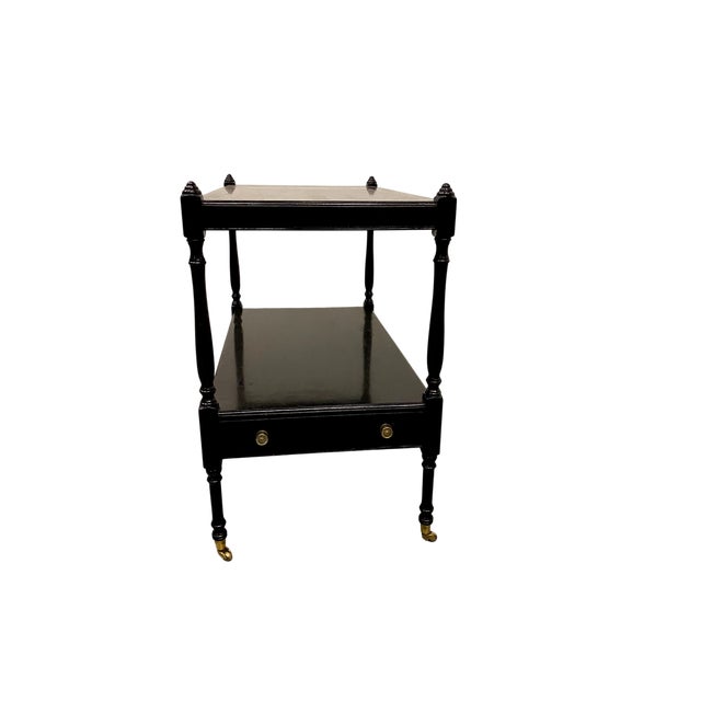 Original Black Painted Side Table with brass knob accents and brass caster wheels