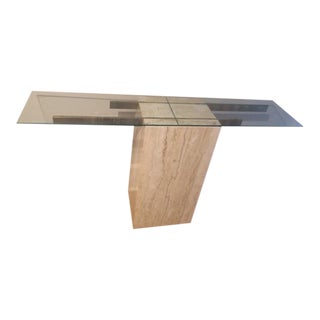 Mid-Century Modern Travertine Console Table & Glass Top For Sale