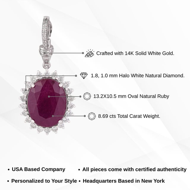 8.69Ct Oval Cut Ruby & Diamond Halo Contemporary Pendant in 14k White Gold For Sale - Image 12 of 15