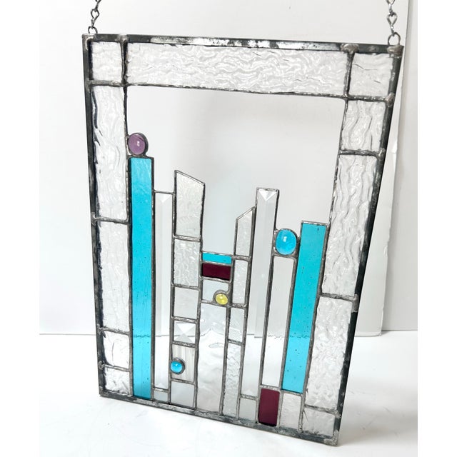 Vintage Geometric Stained Glass Panel – Art Deco, Abstract Modern Window Hanging, Teal Glass Wall Decor For Sale In Louisville - Image 6 of 10