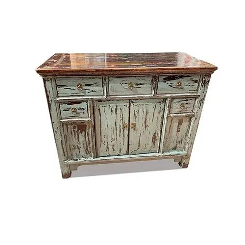 Asian Vintage Distressed Grayish Blue Cabinet is made out elm wood. It has 5 Drawers, 2 doors, and 1 Un-removable shelf....