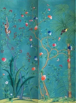 Chinoiserie Hand Painted Palm Tree Wallpaper on Blue Edo Xuan Paper Panel - 2 Panels