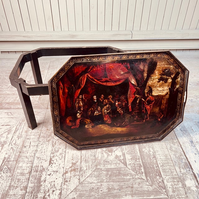 Hollywood Regency 19th Century Octagonal Tole Tray Table with The Family of Darius Before Alexander the Great For Sale - Image 3 of 11