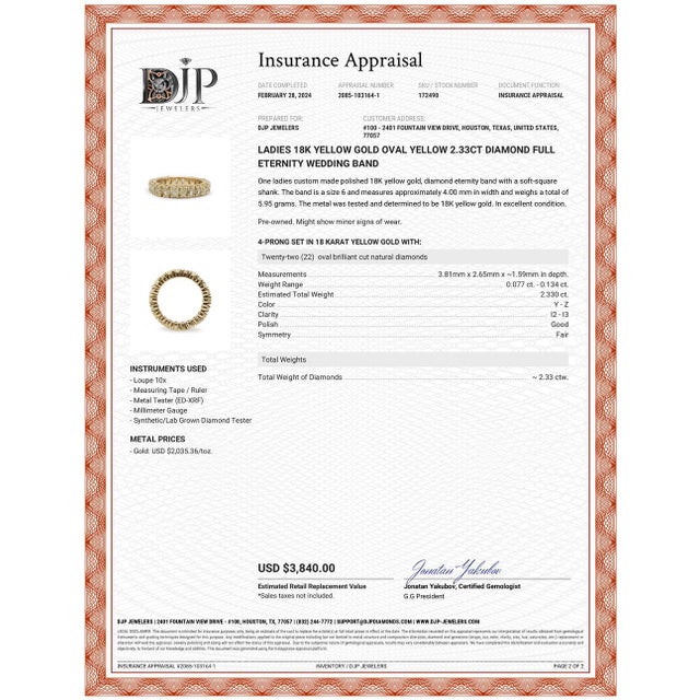 Yellow Ladies 18K Yellow Gold Oval Yellow 2.33ct Diamond Full Eternity Wedding Band Size 6 For Sale - Image 8 of 8