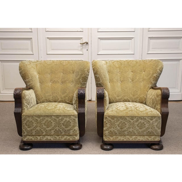 Vintage Swedish Wingback Chairs with Golden Velvet and Carved Oak Armrests, 1920s, Set of 2 For Sale - Image 9 of 11