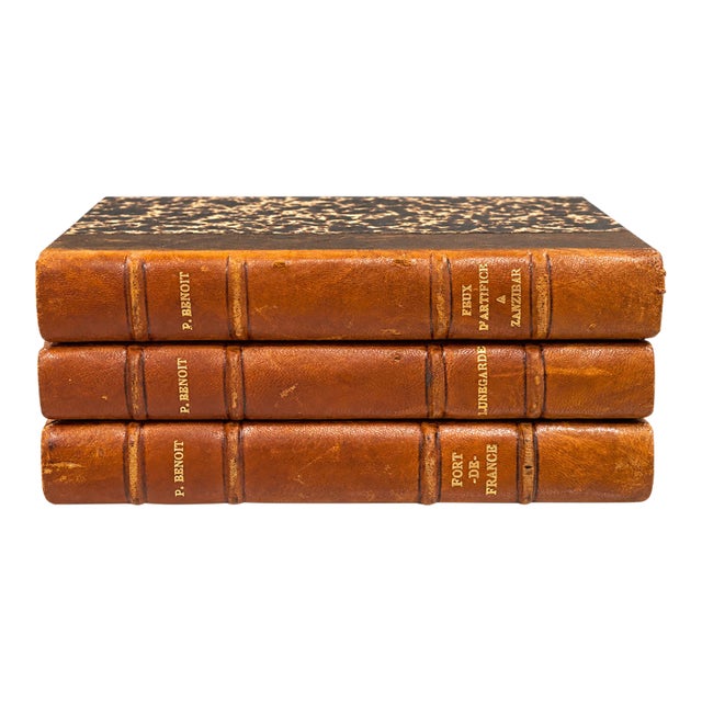 Vintage French Cognac Leather Bound Books by Pierre Benoit - Set of 3 For Sale