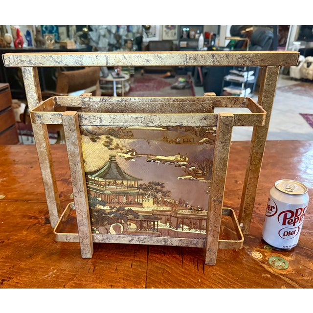 Mid 20th Century Hollywood Regency Italian Gold Gilt Magazine Rack With Chinoiserie Panels For Sale - Image 10 of 10