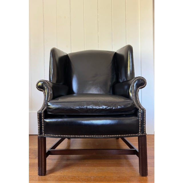 1950s Georgian Style Black Leather Wingback Chair For Sale - Image 4 of 12