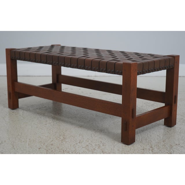 Mission Stickley Mission Oak Leather Woven Seat Bench For Sale - Image 3 of 15