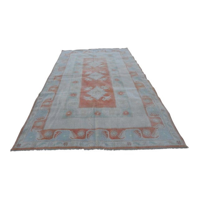 Vintage Distressed Pastel Color Oushak Area Rug 6′5″ × 10′3″ For Sale