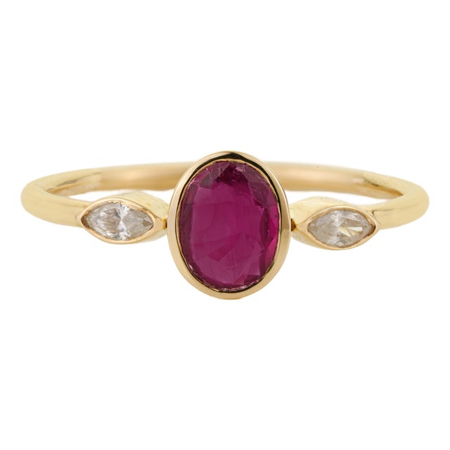 Modern Ruby & Marquise Diamond Three-Stone Bezel Set Ring 14k Yellow Gold Size 5 For Sale