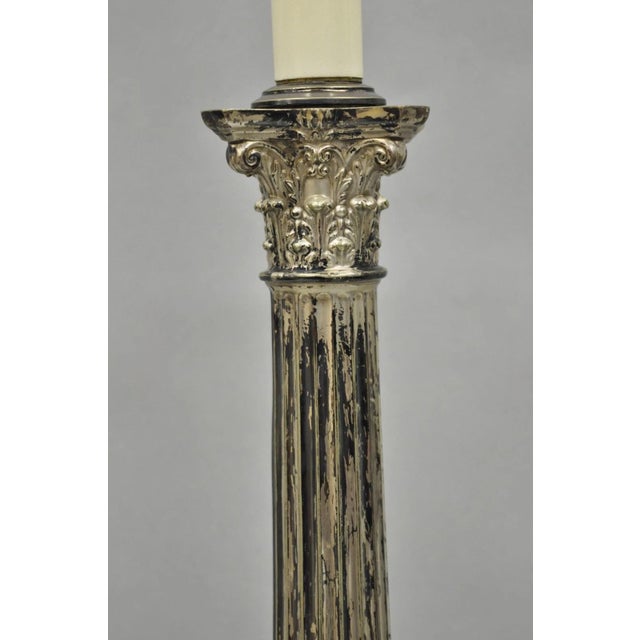 Antique French Empire Silver Plated Corinthian Column Candlestick Table Lamp For Sale - Image 4 of 13