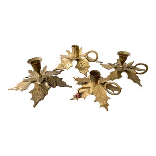 Late 20th Century Brass Holly Candlestick Holders, Mismatched Set of 4 For Sale