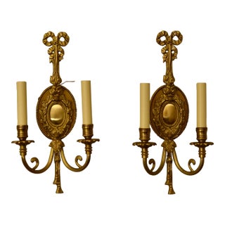 1990s French Louis XVI Style Brass Two Light Sconces - A Pair For Sale