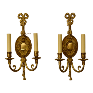 1990s French Louis XVI Style Brass Two Light Sconces - A Pair