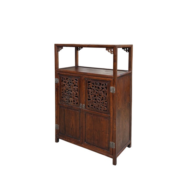 Chinese Chinese Open Carving Narrow Wood Grain Brown Side Table Cabinet For Sale - Image 3 of 11