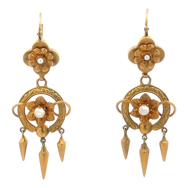 Art Nouveau Gold Dangle Earrings 15k Yellow Pearl Floral Style, 2 pieces For Sale