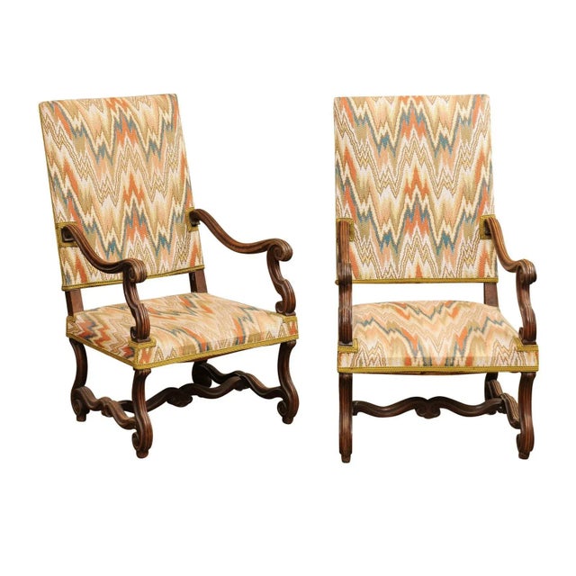 19th Century 19th Century French Louis XIV Style Walnut Armchairs with Os de Mouton Bases - a Pair For Sale - Image 5 of 12