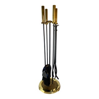 Modern Brass and Black Metal Fireplace Tool Set 4-Piece With Stand For Sale