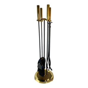 Modern Brass and Black Metal Fireplace Tool Set 4-Piece With Stand