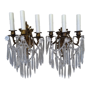 19thc French Antique Regency Bronze With Baccarat Crystal Grand Wall Sconces a - Pair