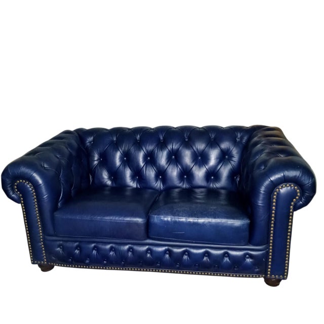 Ink Blue Elevate Your Living Space With These Navy Chesterfield Genuine Leather Sofa and Loveseat Set For Sale - Image 8 of 12