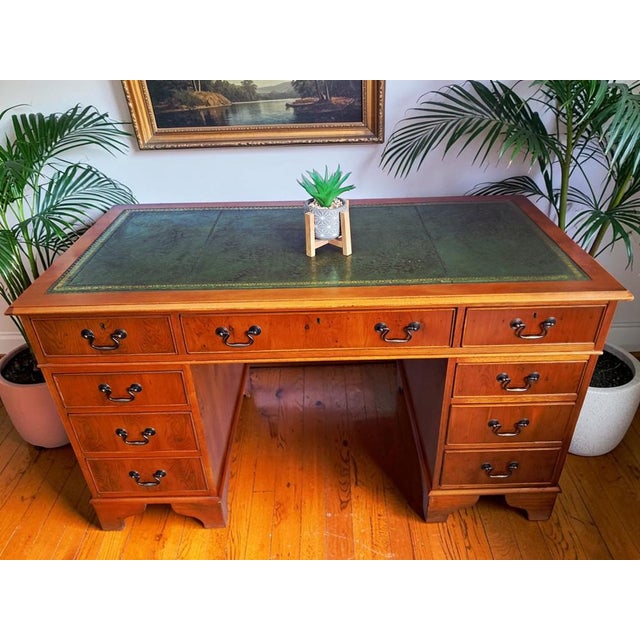 Vintage Twin Pedestal Desk in Yew Wood and Leather Top, 1980 For Sale - Image 11 of 18