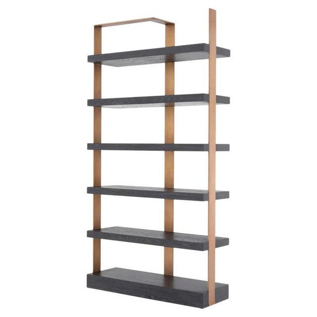 Wood Cabinet in Charcoal Grey Oak Veneer and Brushed Brass Finish For Sale - Image 7 of 7
