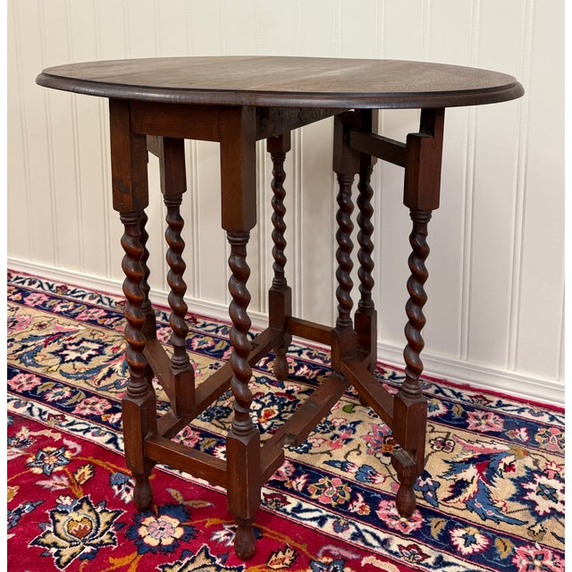 Antique English Petite Table Drop Leaf Gateleg Barley Twist Oak Oval c.1920-30s For Sale - Image 11 of 16