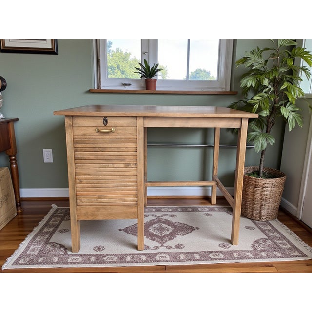 Vintage Oak Rolltop Writing Desk with Tambour Door, Germany, 1950s For Sale - Image 10 of 11