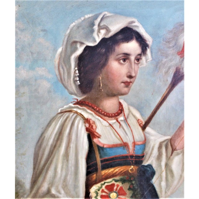 Rustic European Antique 1800’s Continental Painting of Young Costumed Girl For Sale - Image 3 of 9