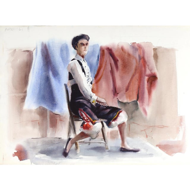 Seated in a folding chair, the woman posing in this Eve Nethercott work wears an ornate costume of woven, high-waisted...