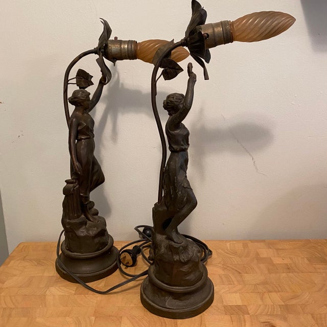 Figurative Late 19th-Century French Nouveau Arts Sciences Cast Spelter Figural Lamps - Set of 2 For Sale - Image 3 of 12
