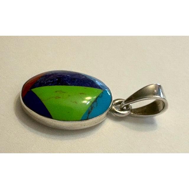 late 20th Century Sterling Silver Multi Color Inlay Pendant Mexico .925 For Sale - Image 4 of 7